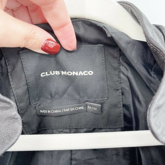 Club Monaco Cropped Leather Jacket Sz M Solid Black Mandarin Collar Snap Buttons - Picture 6 of 8